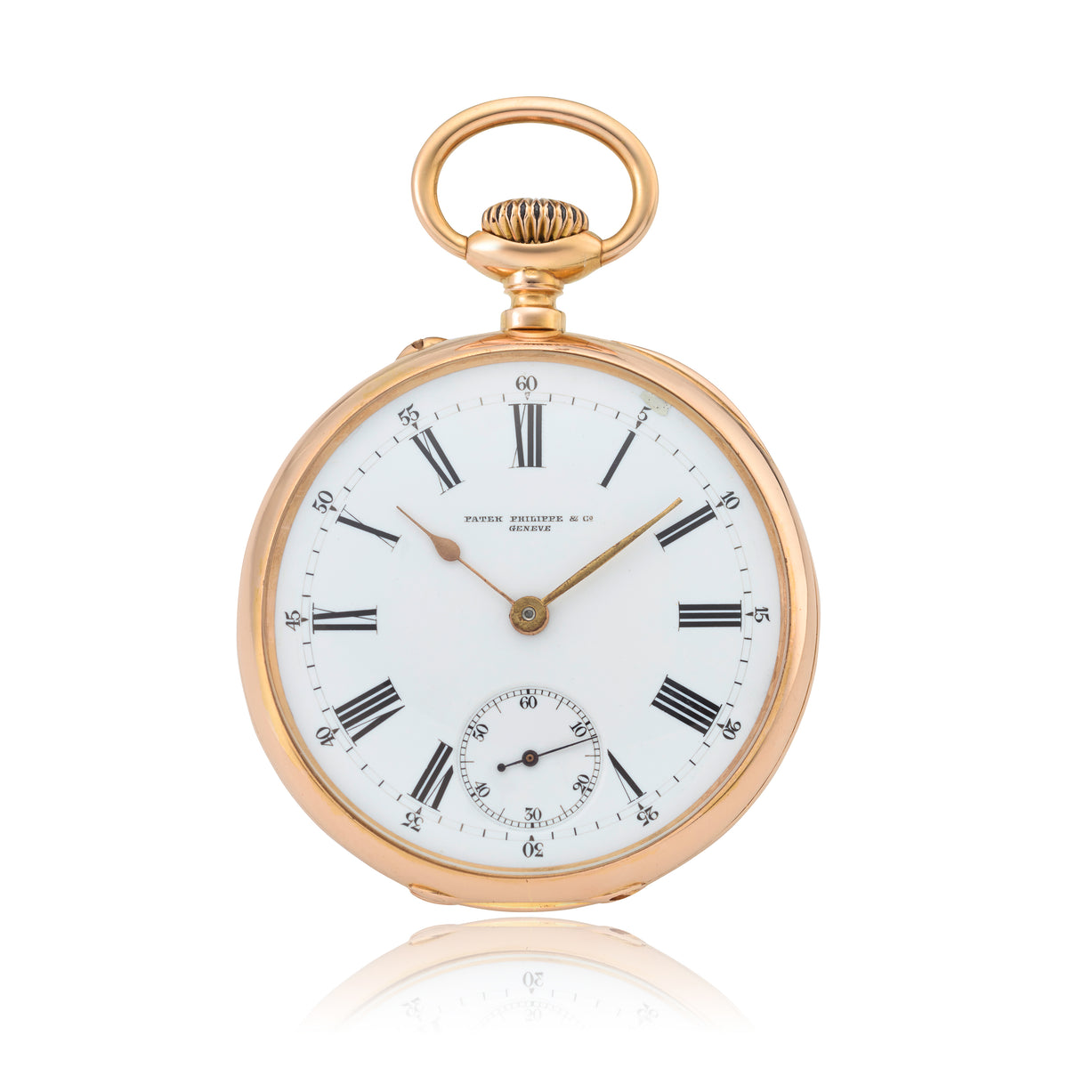 Pocket watch with a white dial, Roman numerals, and a gold-colored case