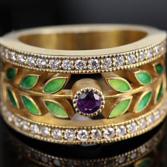 Horizontal video of handmade amethyst and diamond enamel leaf ring