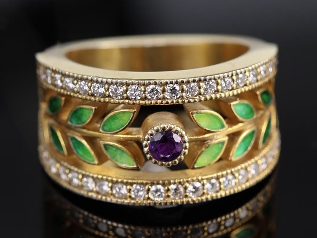 Horizontal video of handmade amethyst and diamond enamel leaf ring