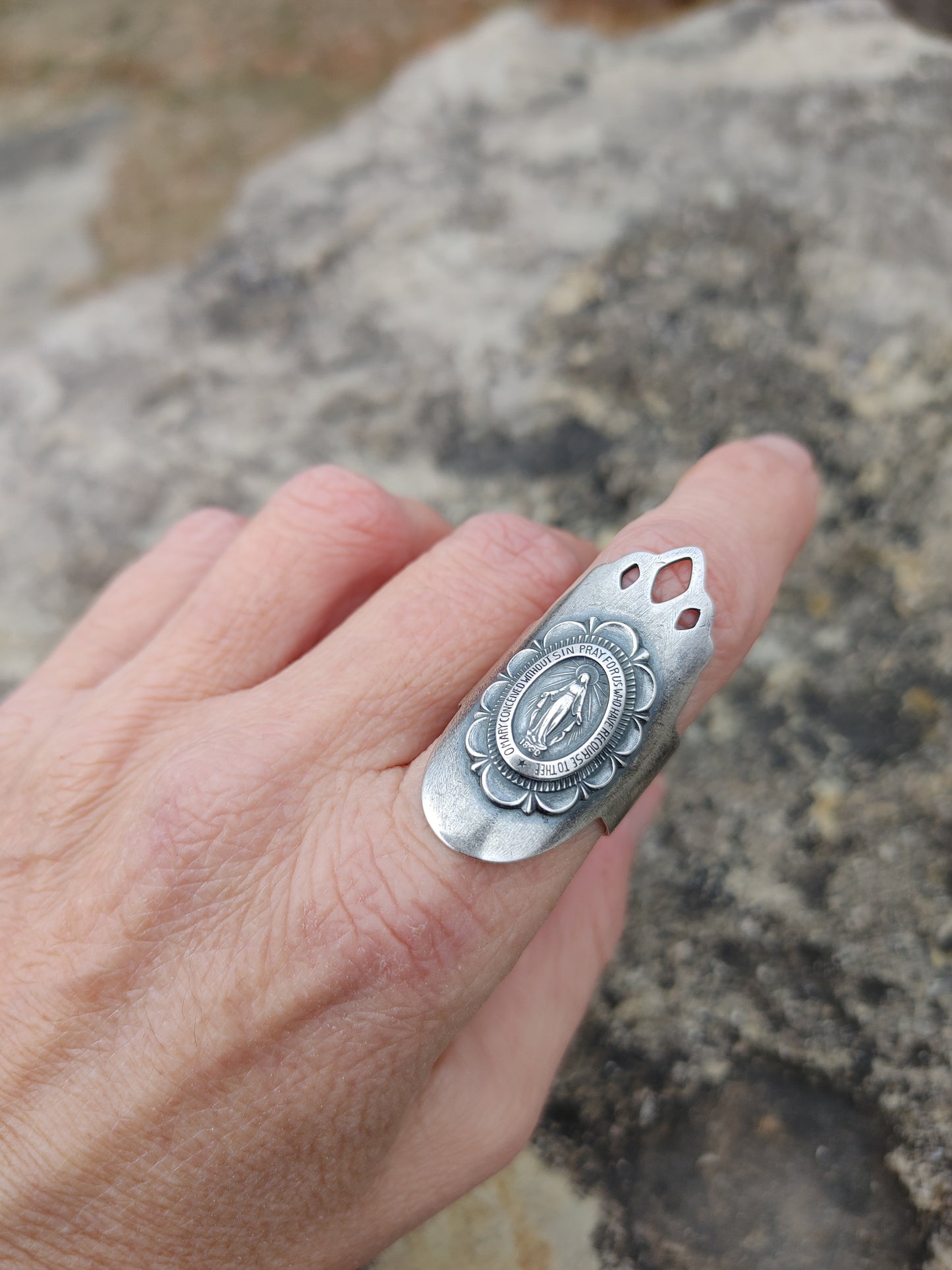 Handmade Sterling Silver Miraculous Medal Virgin Mary Shield Ring
