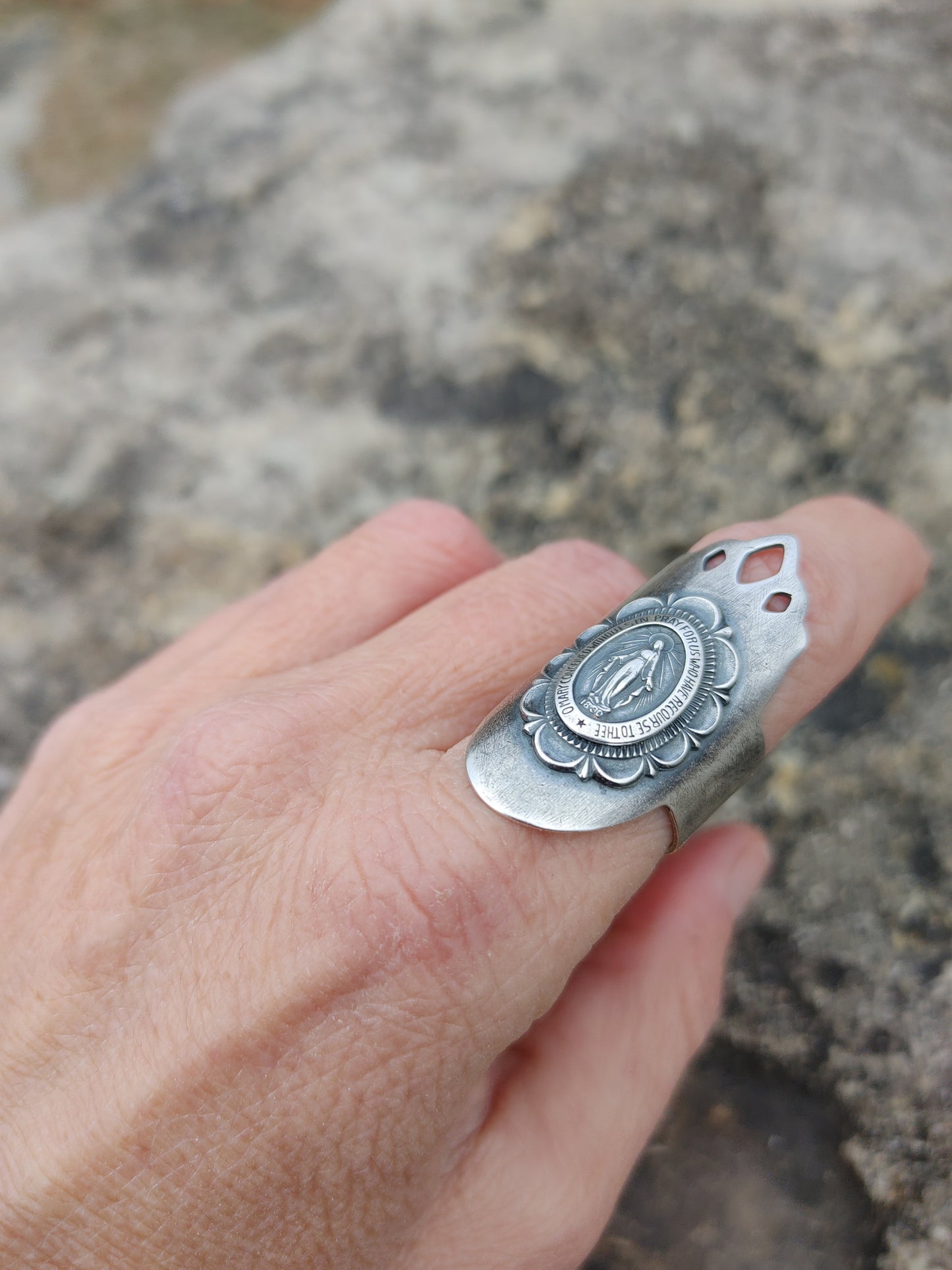 Handmade Sterling Silver Miraculous Medal Virgin Mary Shield Ring