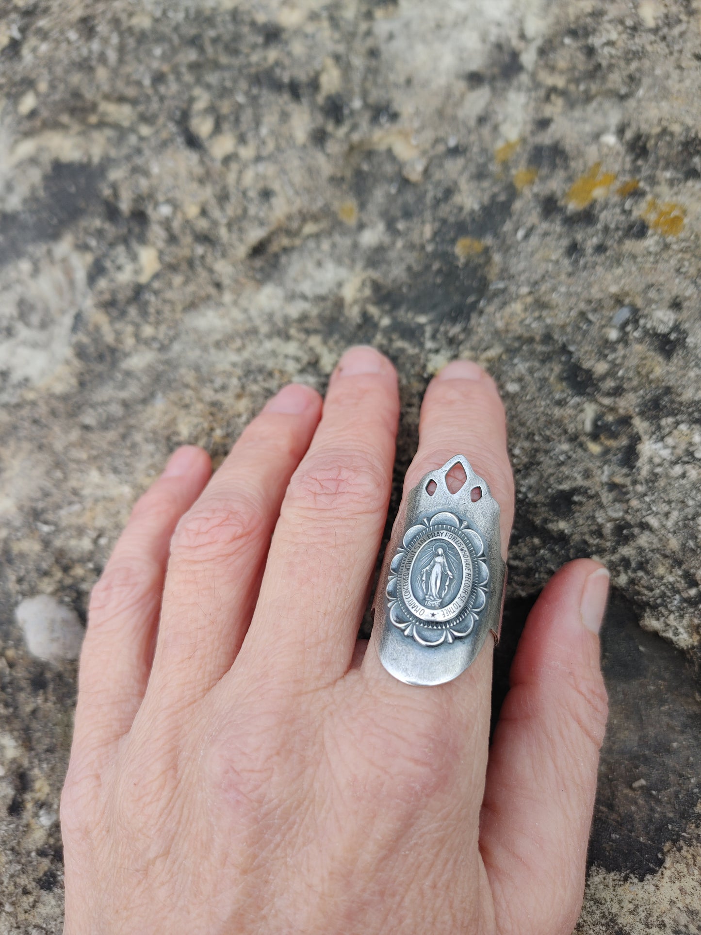 Handmade Sterling Silver Miraculous Medal Virgin Mary Shield Ring