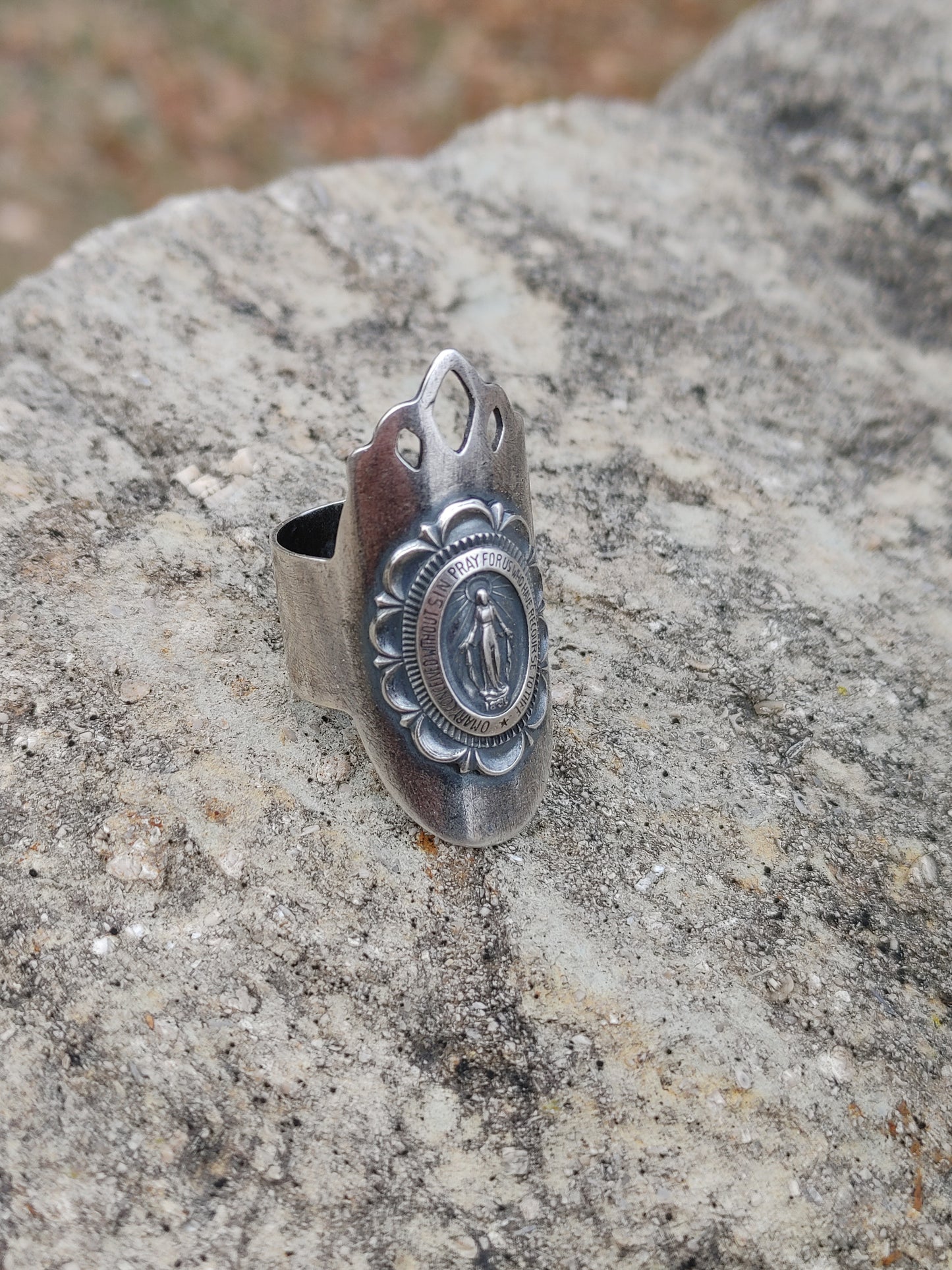 Handmade Sterling Silver Miraculous Medal Virgin Mary Shield Ring