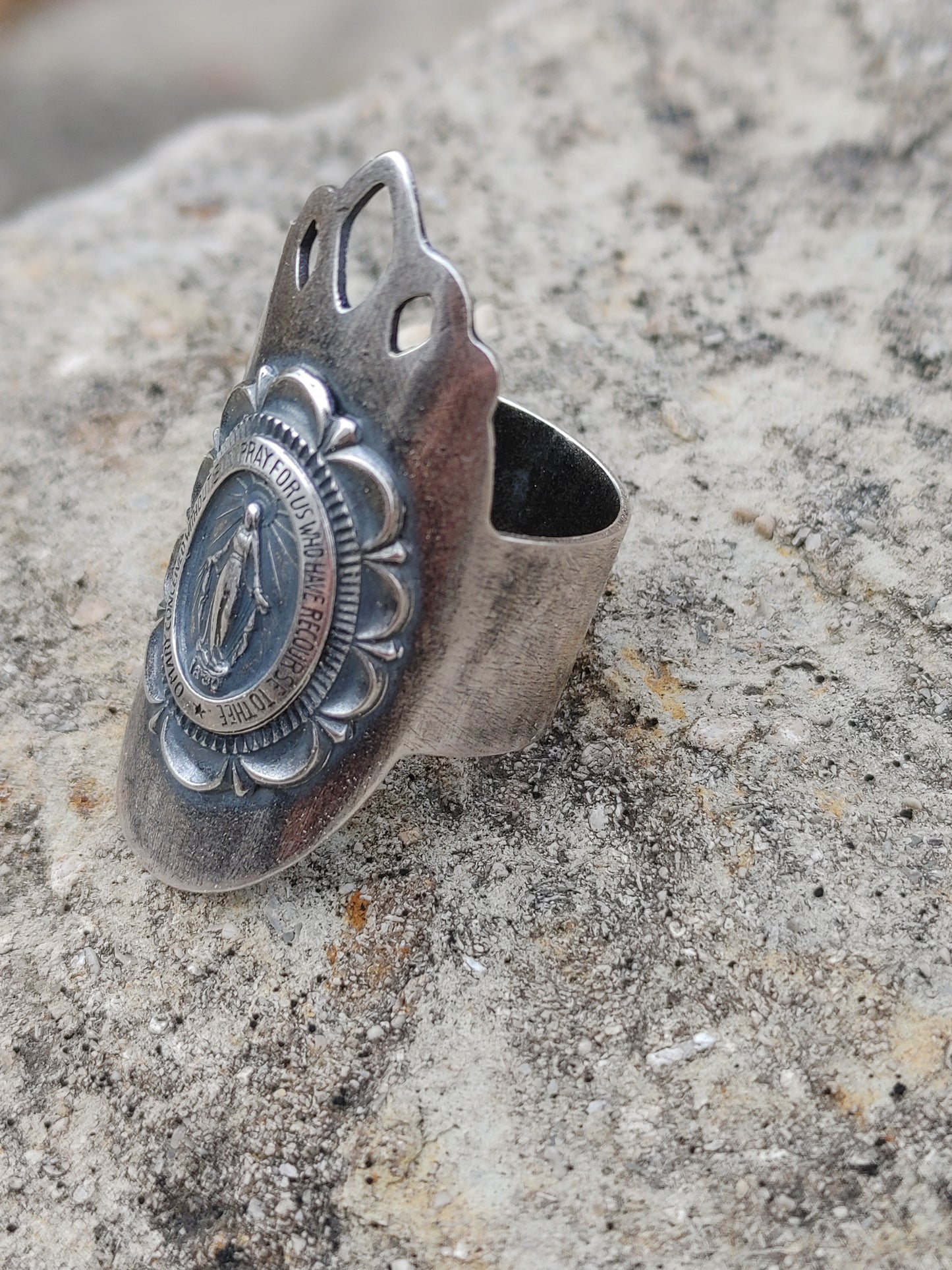 Handmade Sterling Silver Miraculous Medal Virgin Mary Shield Ring