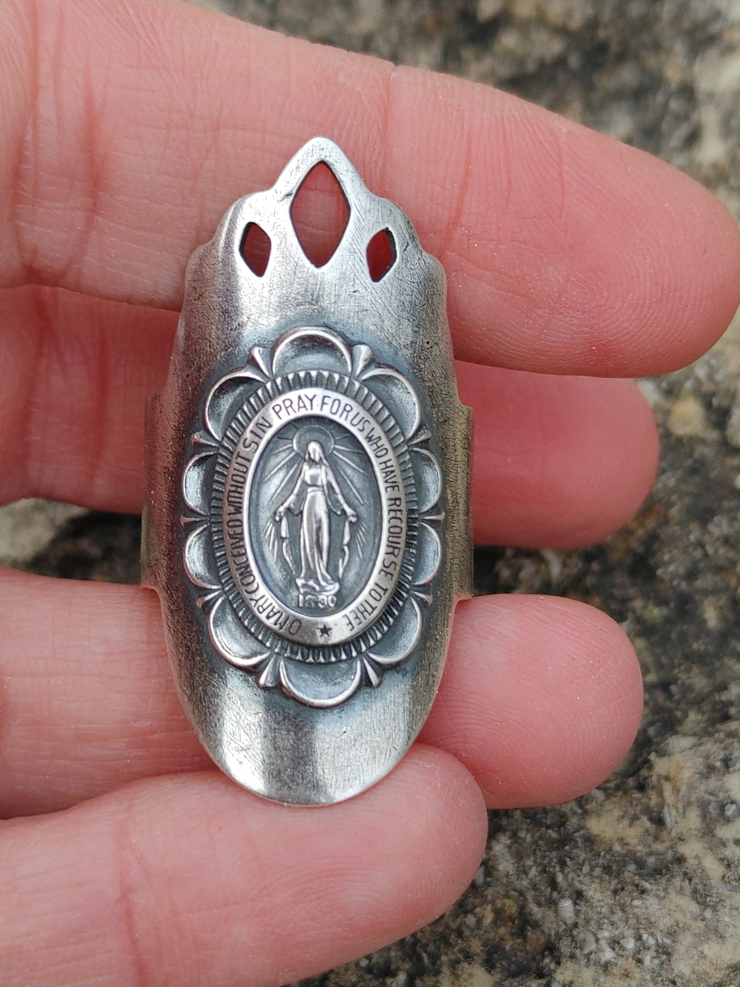 Handmade Sterling Silver Miraculous Medal Virgin Mary Shield Ring