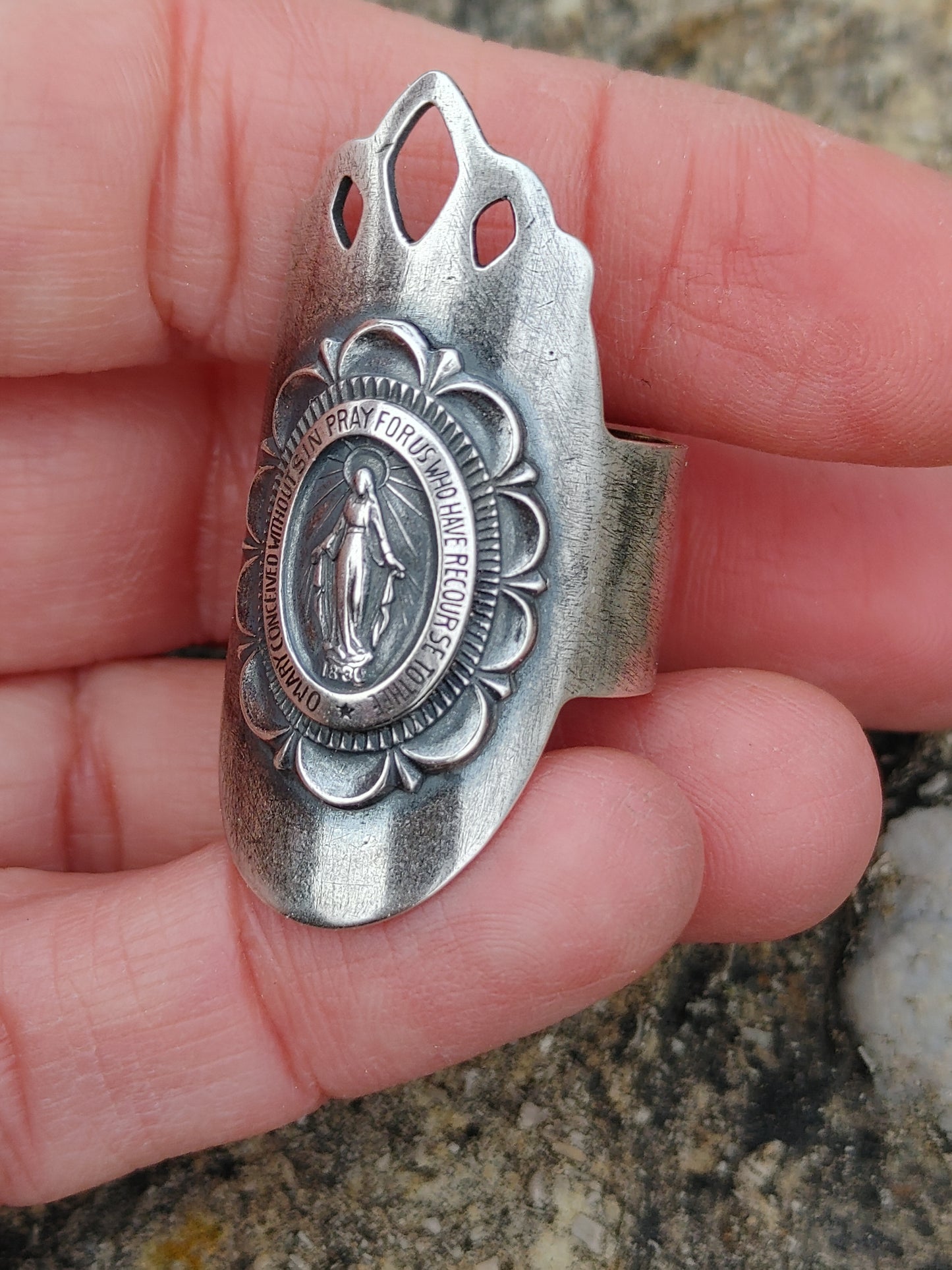 Handmade Sterling Silver Miraculous Medal Virgin Mary Shield Ring