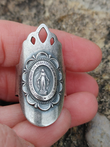 Handmade Sterling Silver Miraculous Medal Virgin Mary Shield Ring
