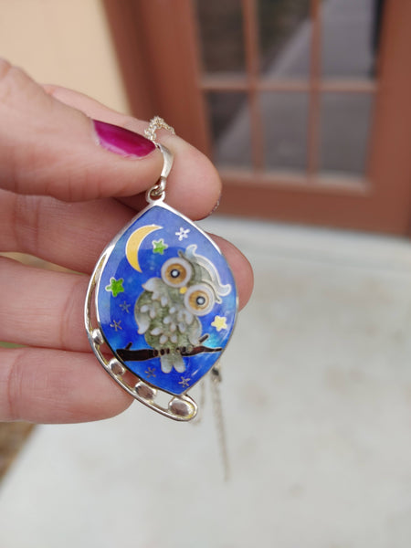 Cloisonne Enamel Owl Necklace Handmade
