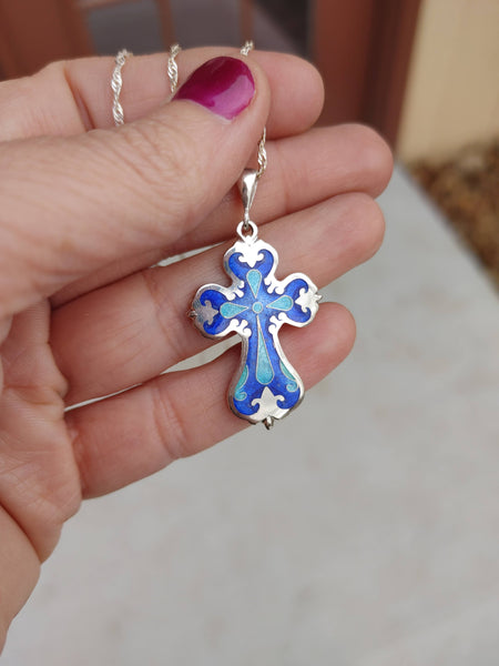 Cloisonne Enamel Cross Necklace Handmade