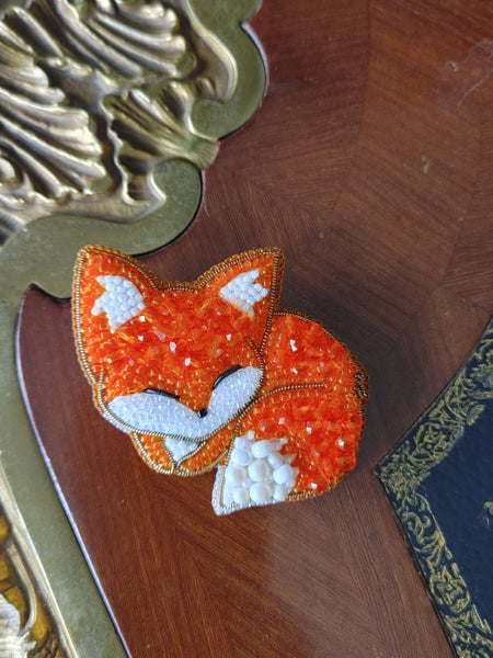 Beaded Embroidered Sleeping Fox Brooch Handmade