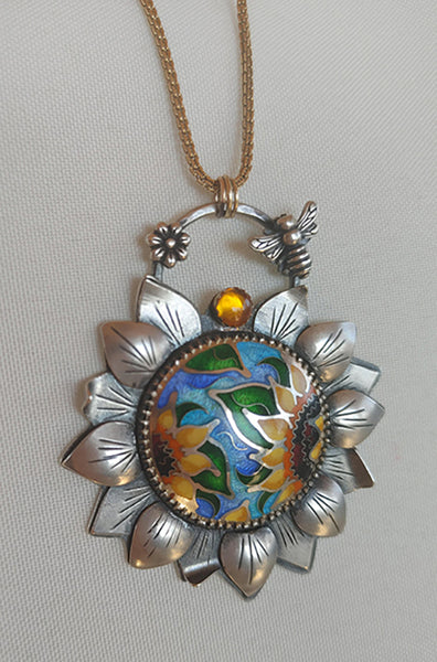 Handmade Sunflower Necklace Cloisonne Champleve Pendant