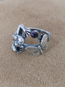 Sterling Silver Frog Ring with Amethyst Handmade