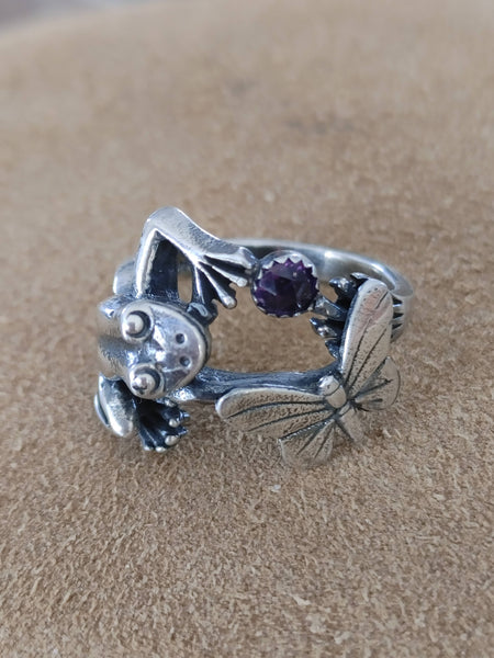 Sterling Silver Frog Ring with Amethyst Handmade