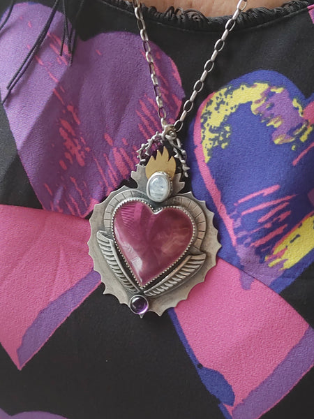 Enamel Guilloche Sacred Heart Necklace Moonstone Amethyst Handmade