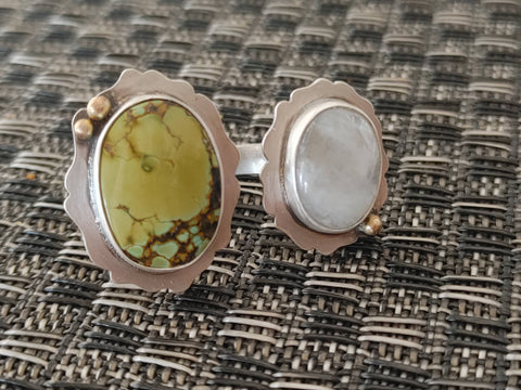 Handmade Turquoise Moonstone Double Ring 18K Gold Sterling Silver