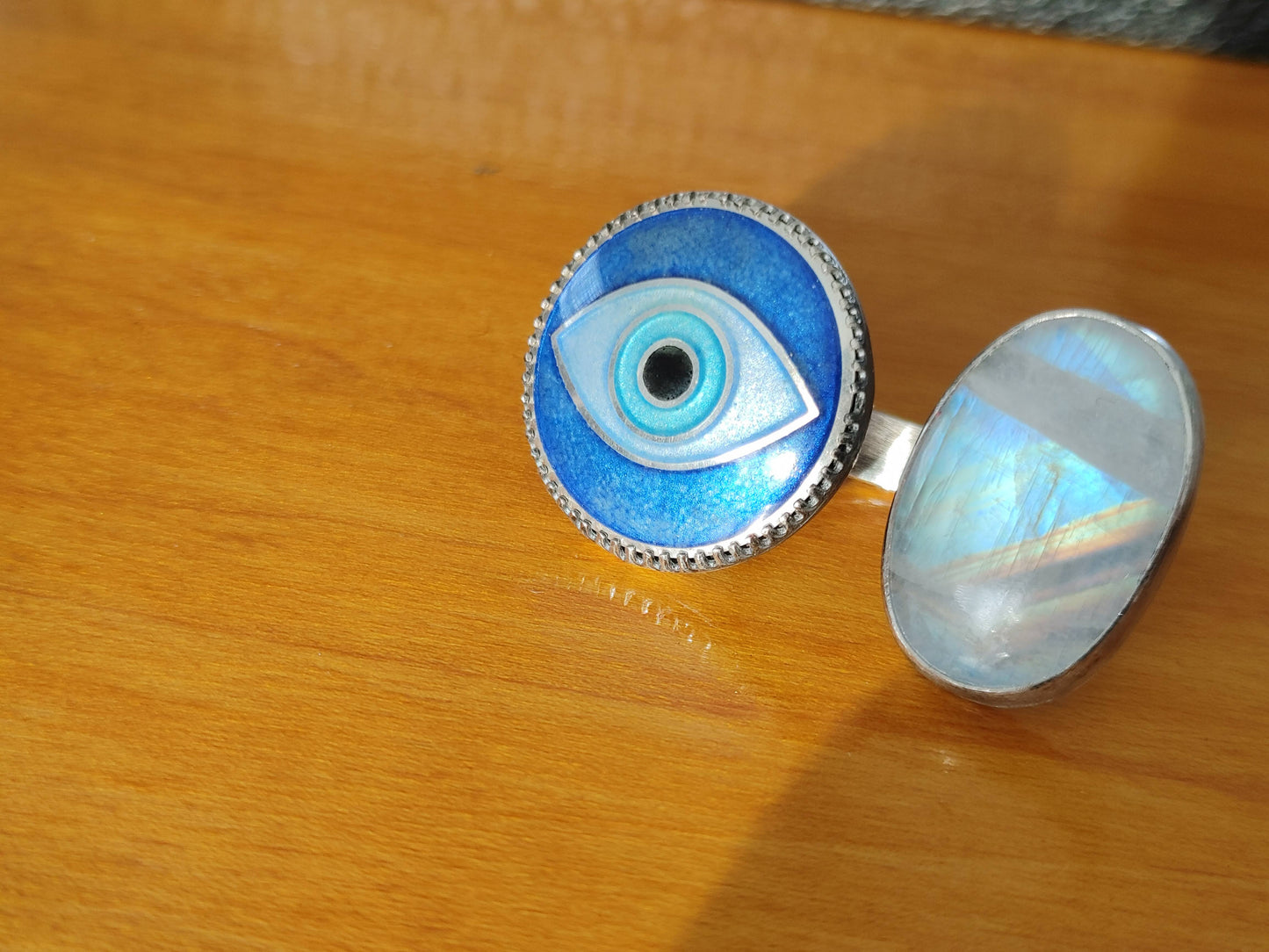 Enamel Cloisonné Evil Eye Moonstone Double Between the fingers Ring Size 6