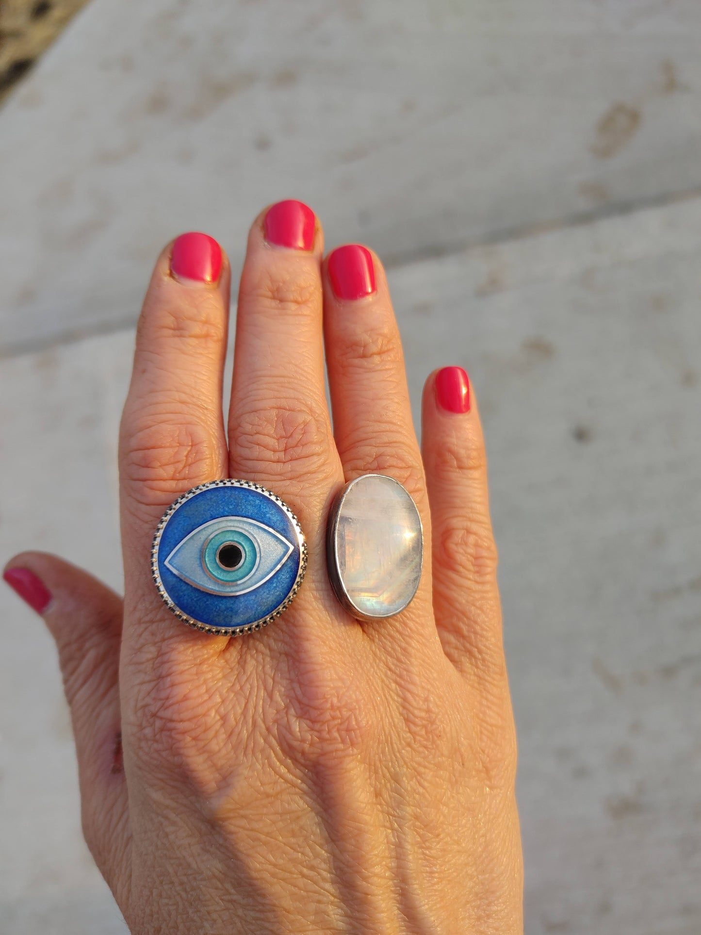 Enamel Cloisonné Evil Eye Moonstone Double Between the fingers Ring Size 6