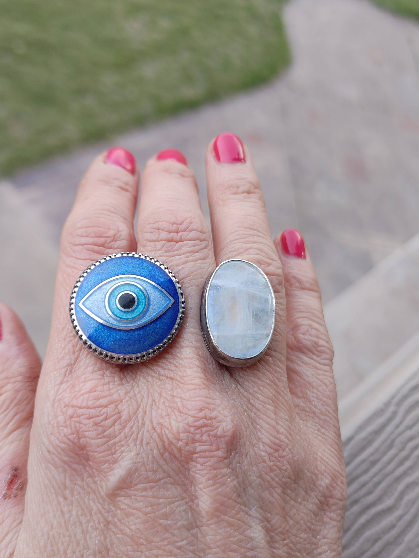 Enamel Cloisonné Evil Eye Moonstone Double Between the fingers Ring Size 6