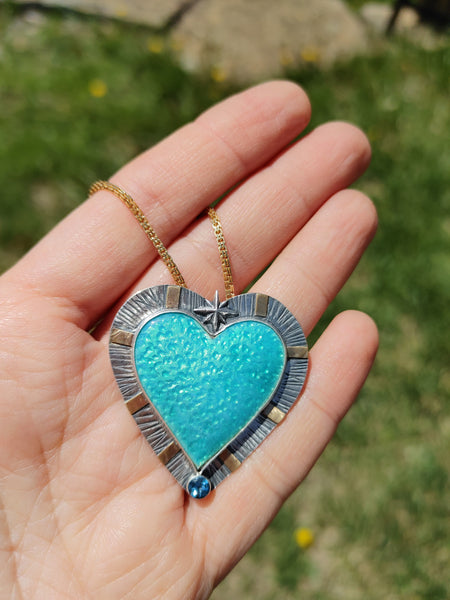 Enamel Blue Heart Northern Star Necklace Handmade Silver and 18K gold