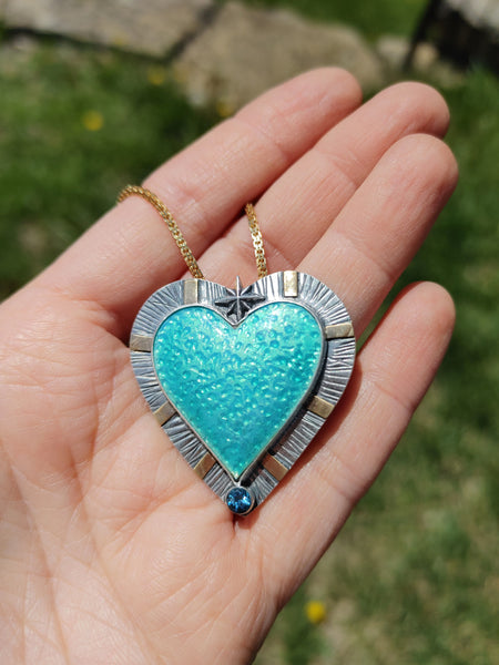 Enamel Blue Heart Northern Star Necklace Handmade Silver and 18K gold