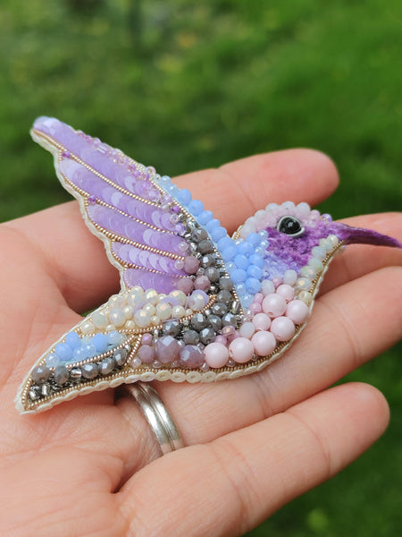 Beaded Embroidered Brooch Humminbird Handmade