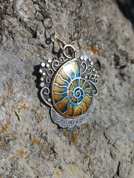 14K Gold Silver Enamel Ammonite Cloisonne Necklace Handmade Engraved