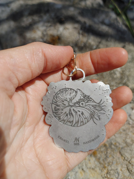 14K Gold Silver Enamel Ammonite Cloisonne Necklace Handmade Engraved