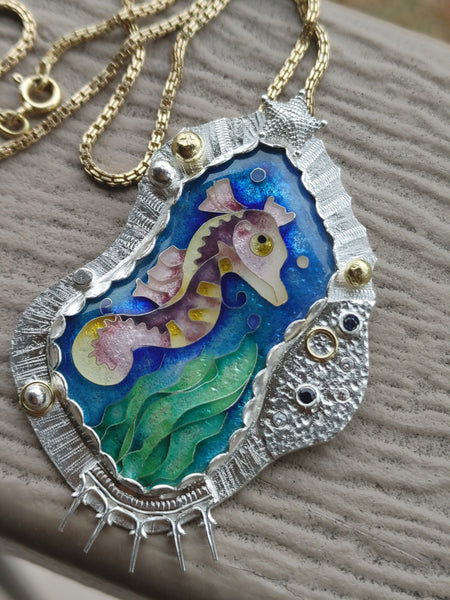 Enamel Cloisonne Seahorse Necklace Handmade 14K Gold Silver