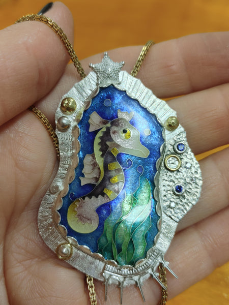 Enamel Cloisonne Seahorse Necklace Handmade 14K Gold Silver