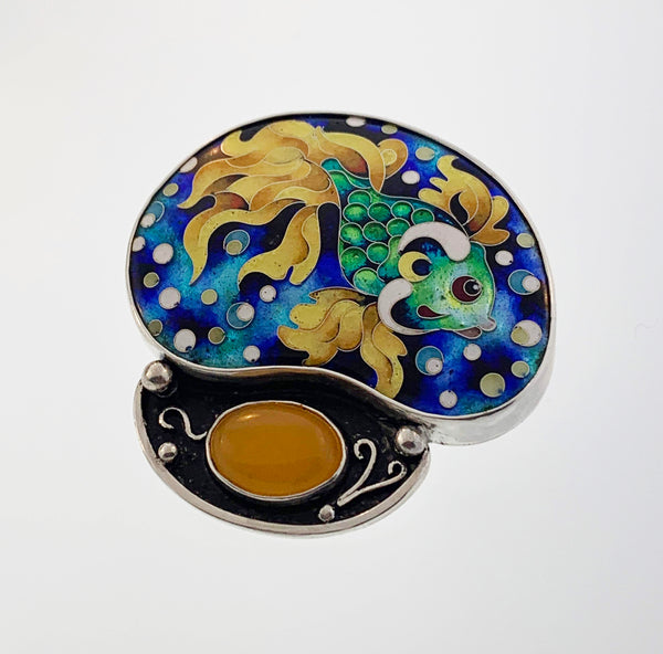 Handmade Cloisonne Glass Enamel Pendant/Brooch GoldFish Sterling Silver - ANARA & CO ENGRAVINGS - ANARA AND CO JEWELRY