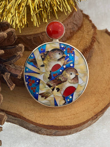 Handmade Cloisonne Glass Enamel Pendant/Brooch Bullfinch Winter Birds - ANARA & CO ENGRAVINGS - ANARA AND CO JEWELRY