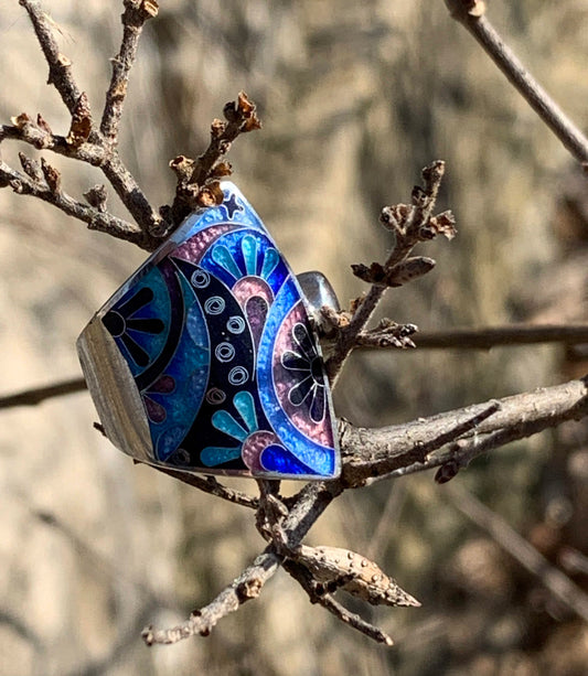 Cloisonne Enamel Handmade Ring Blue Fan 7 - ANARA & CO ENGRAVINGS - ANARA AND CO JEWELRY