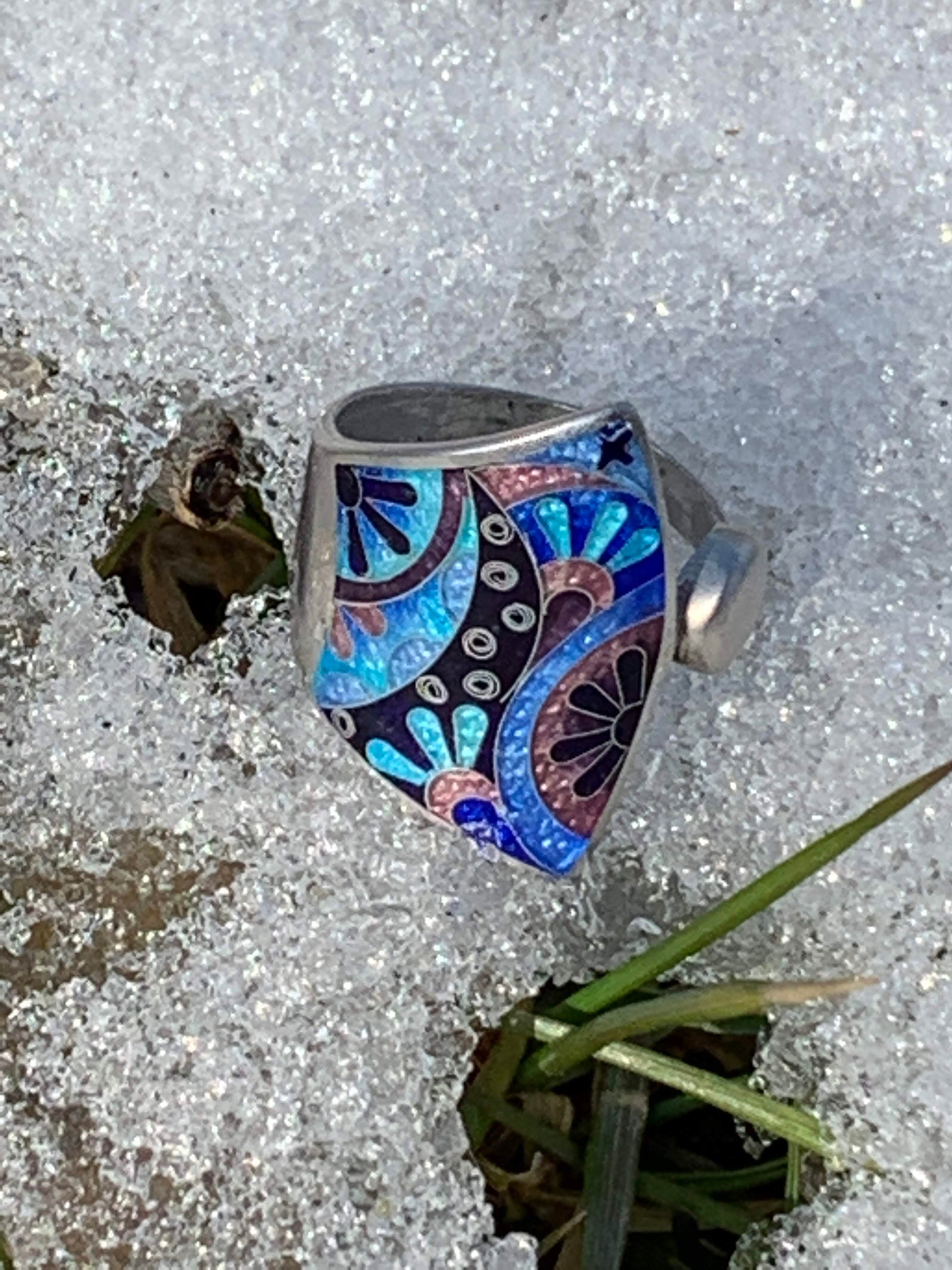 Cloisonne Enamel Handmade Ring Blue Fan 7 - ANARA & CO ENGRAVINGS - ANARA AND CO JEWELRY