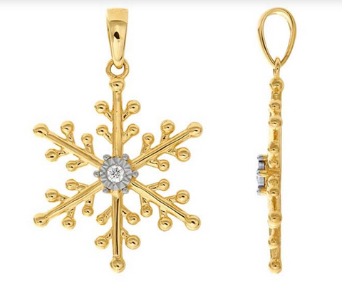 10K Yellow Gold Diamond Snowflake Pendant Necklace