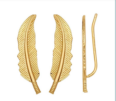 14K Gold Feather Earrings Jackets, Ear Climbers