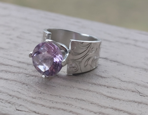 Hand Engraved Amethyst Sterling Silver Ring