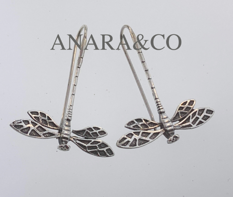 Dragonfly Earrings Sterling Silver Dangle Long - ANARA & CO ENGRAVINGS - ANARA AND CO JEWELRY