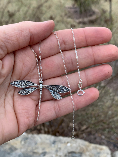 Dragonfly Necklace Sterling Silver Pendant - ANARA & CO ENGRAVINGS - ANARA AND CO JEWELRY
