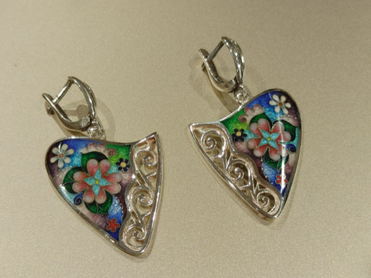 Enamel Cloisonne Earrings Flowers Silver