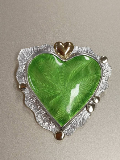 Enamel Guilloche Green Heart Necklace 14K gold Sterling Silver
