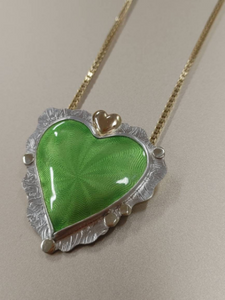 Enamel Guilloche Green Heart Necklace 14K gold Sterling Silver