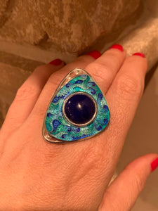 Enamel Cocktail Ring Handmade Ring Cloisonne Lapis Lazuli - ANARA & CO ENGRAVINGS - ANARA AND CO JEWELRY