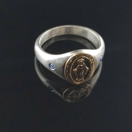 Handmade Sterling Silver Miraculous Medal Virgin Mary Signet Ring