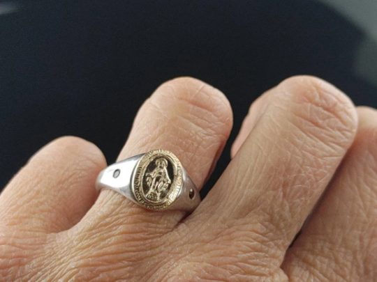 Handmade Sterling Silver Miraculous Medal Virgin Mary Signet Ring