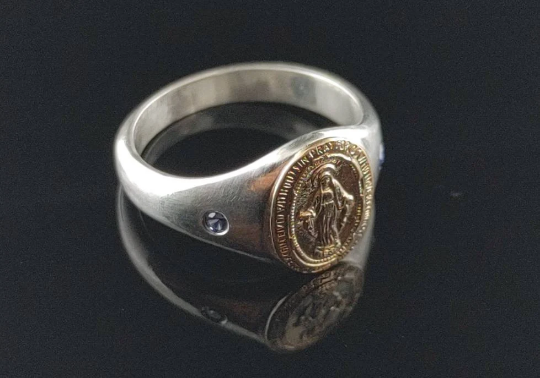 Handmade Sterling Silver Miraculous Medal Virgin Mary Signet Ring