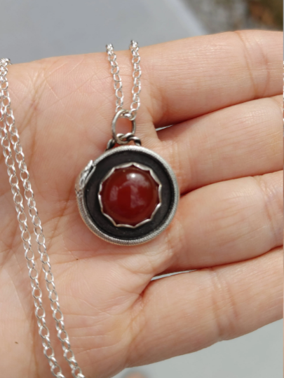 Sterling Silver Ouroboros Snake Necklace With Carnelian Stone